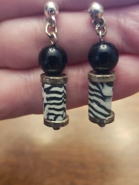 Zebra Patterned Dangle Earrings- Elegant Black, White & Silver